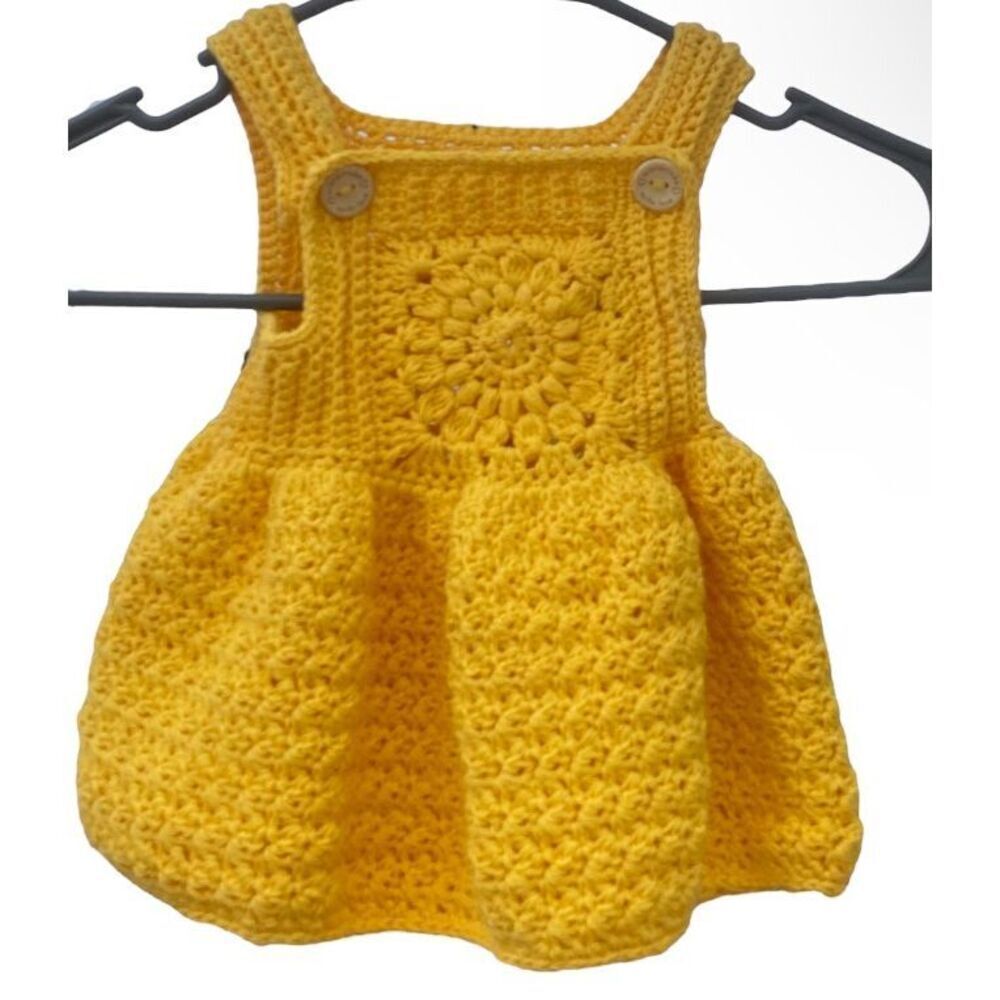 Handmade Crocheted Yellow Floral Baby Dress Size 0-3 Months
